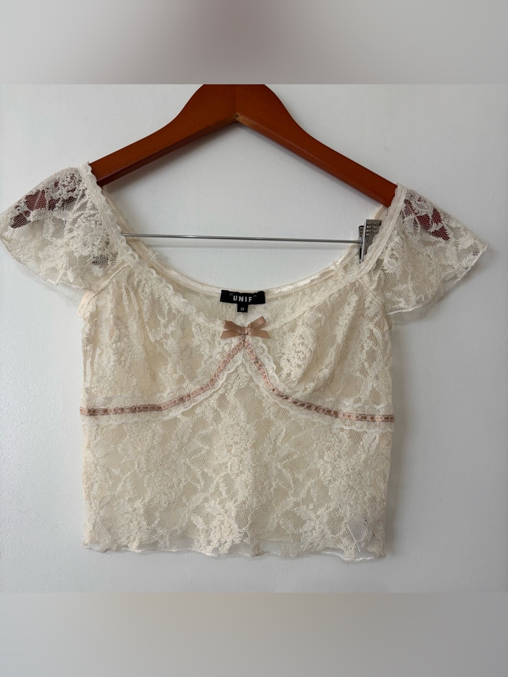 UNIF Women Jess Cream Sheer Lace Cropped Top Size Extra Small